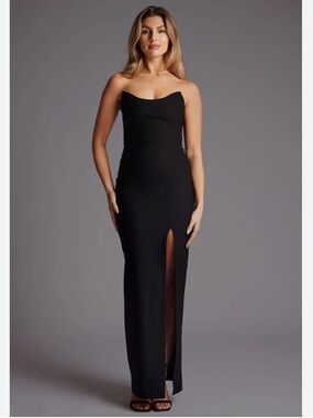 Strapless Black Slit Evening Gown
